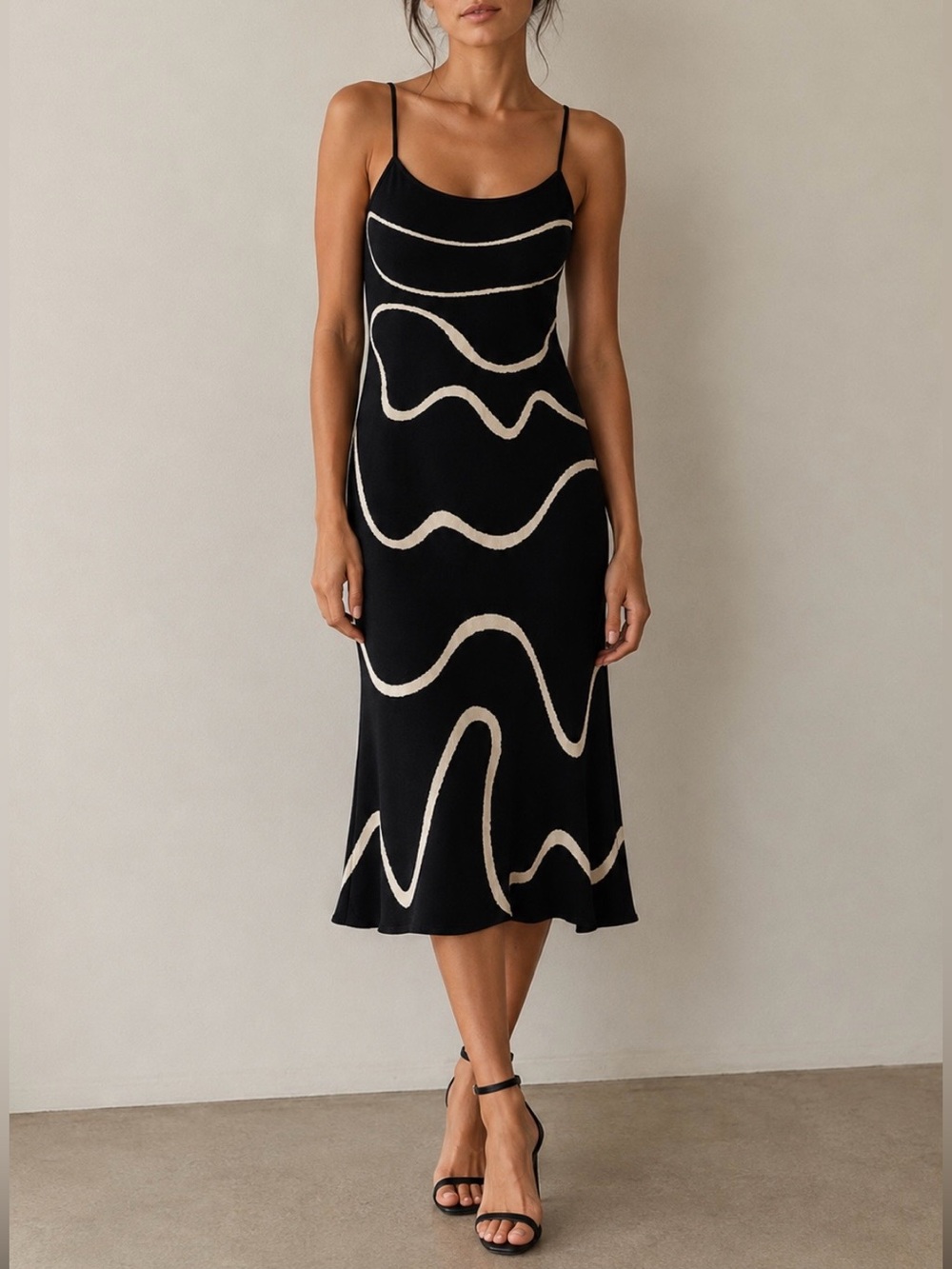 NWT RIHOAS Black Abstract Wave Knit Midi Dress 100% Viscose Strappy Slip L